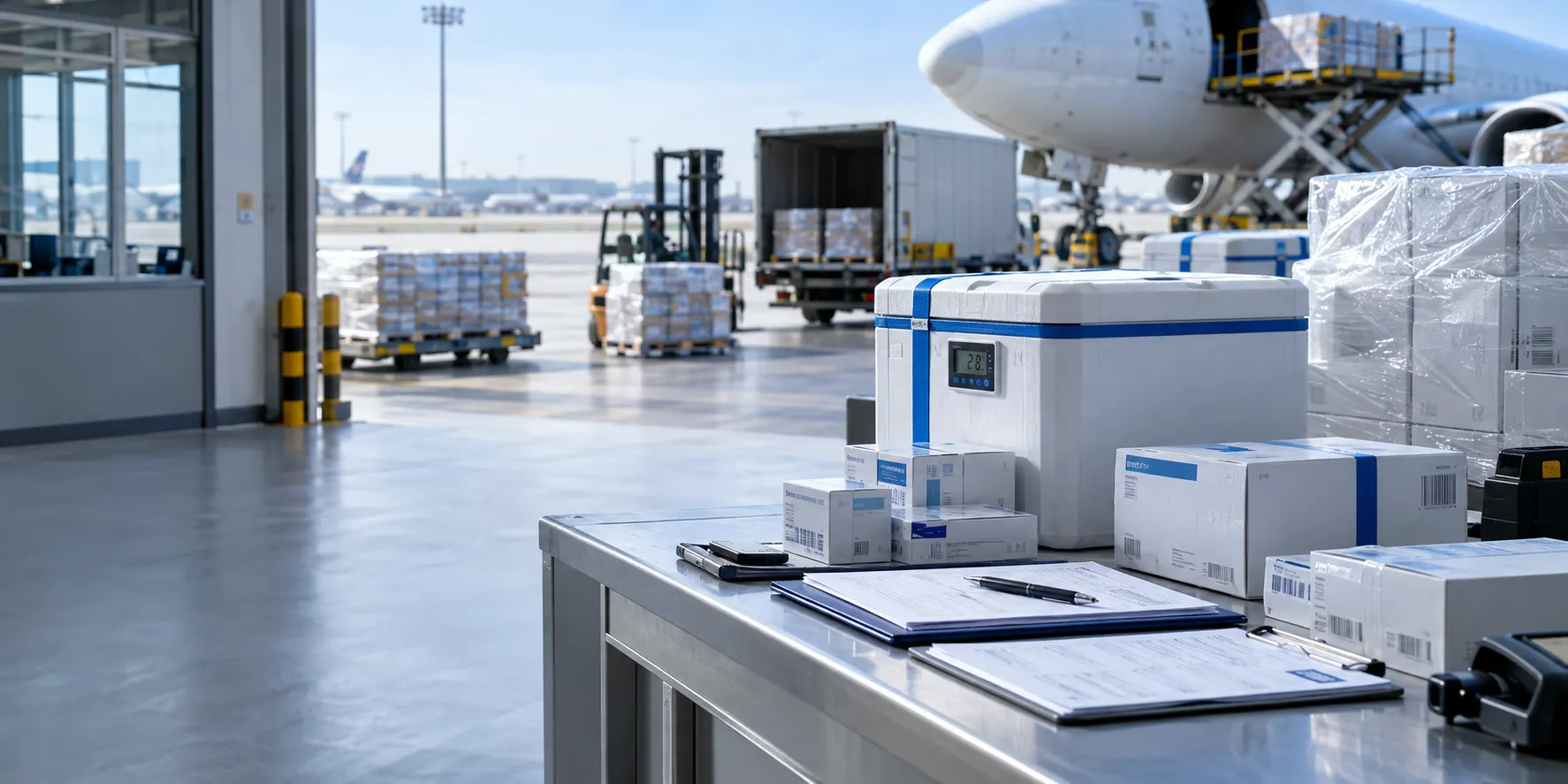 Concept image of pharmaceutical export parcels in an airport cargo facility