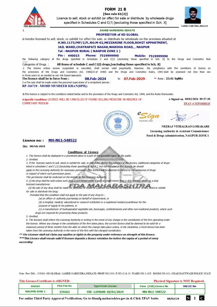 Photograph of the SD Global drug licence document; open the original image
